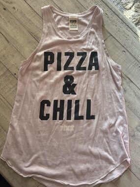 PINK Victoria's Secret Light Pink Tank Top with Black "PIZZA & CHILL" Graphic